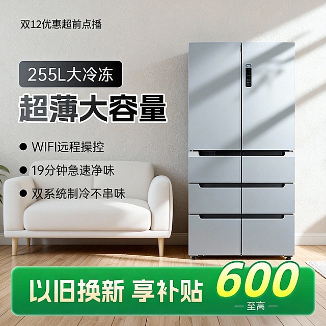 现代简约风格，3D实景渲染，金属质感冰箱搭配温馨家居场景，重拟物设计突出科技与舒适感，双12促销氛围浓厚。