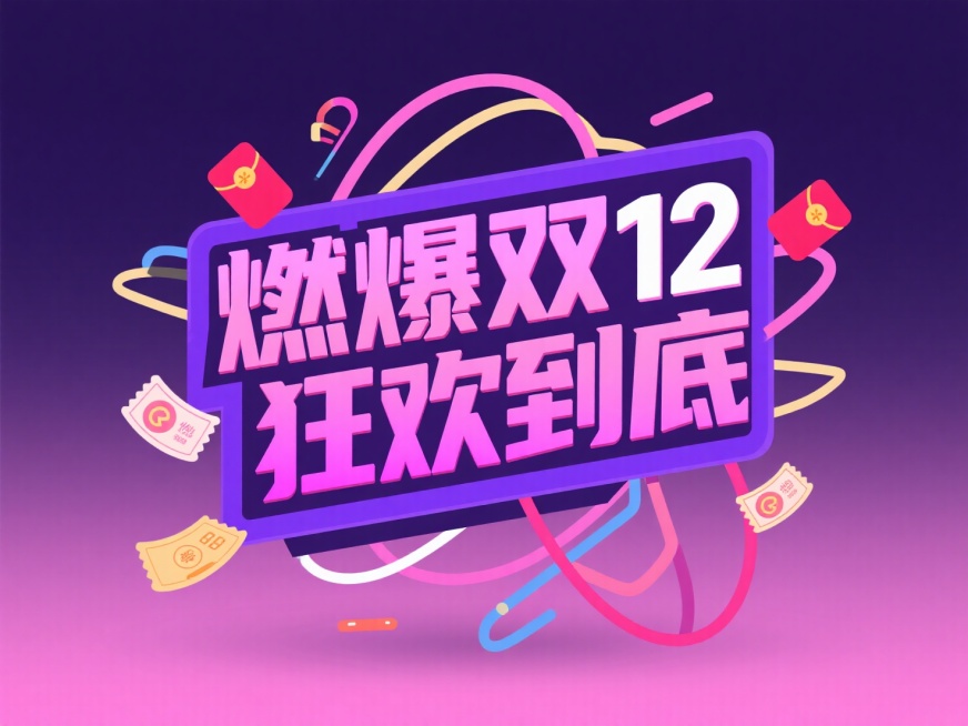 主标题“燃爆双 12狂欢到底” ，搭配 “跨店满 200 减 30” 紫色副标题框，点缀优惠券、红包等促销小元素，背景为粉色渐变，促销氛围预览效果