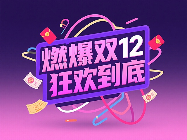扁平风结合霓虹灯色彩，大字风标题突出“双12”促销主题，卡通感红包与优惠券环绕，粒子动感线条增强酷炫氛围，营造节日狂欢视觉冲击。