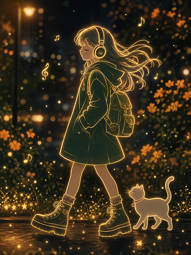 发光线描插画风格，夜晚户外街道场景，少女侧身向前行走，头戴大耳机，闭着眼睛微笑，发丝随风飘动，身穿深绿色连帽外套，背着背包，脚穿厚底靴子。人物轮廓是金色发光霓虹线条，身体内部填充柔和实色。一只同样发光线稿的小白猫跟在脚边，空中漂浮金色音符符号，地面草丛散落细碎星光粒子，背景虚化橙色花朵绿植，夜景散景光斑，梦幻唯美氛围