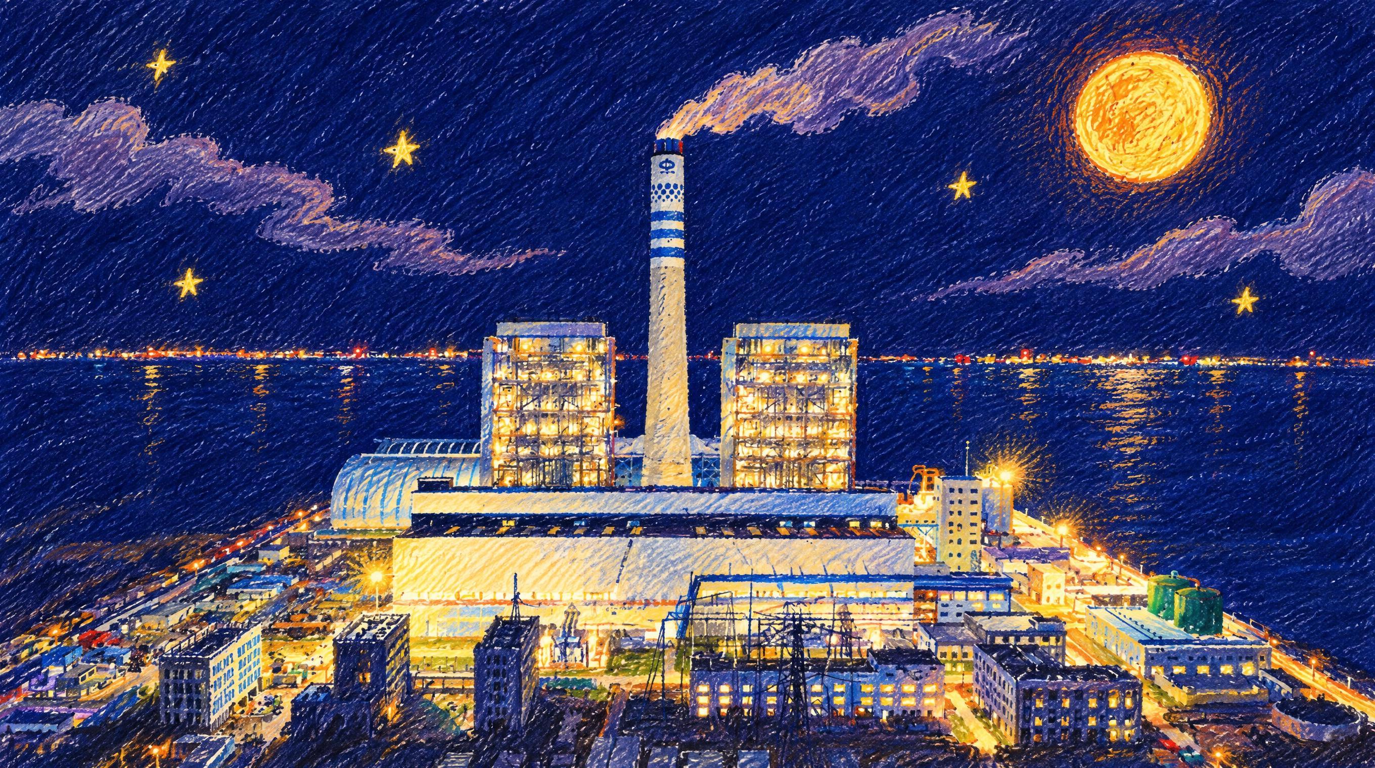 将这张海中央电厂正面夜景照片转换为蜡笔手绘风格，背景天空为深靛… - 图片创意预览