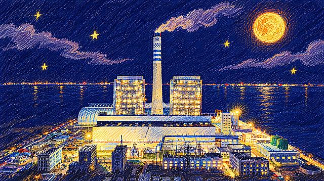 将这张海中央电厂正面夜景照片转换为蜡笔手绘风格，背景天空为深靛蓝色，有一轮偏橙黄色的圆月和灰紫色蜡笔云朵（云朵形态与范例不同，更飘逸），星星数量少而明亮，蓝白烟囱、厂房建筑、灯光全部用蜡笔笔触呈现，整体色调深沉温暖，儿童蜡笔画质感
