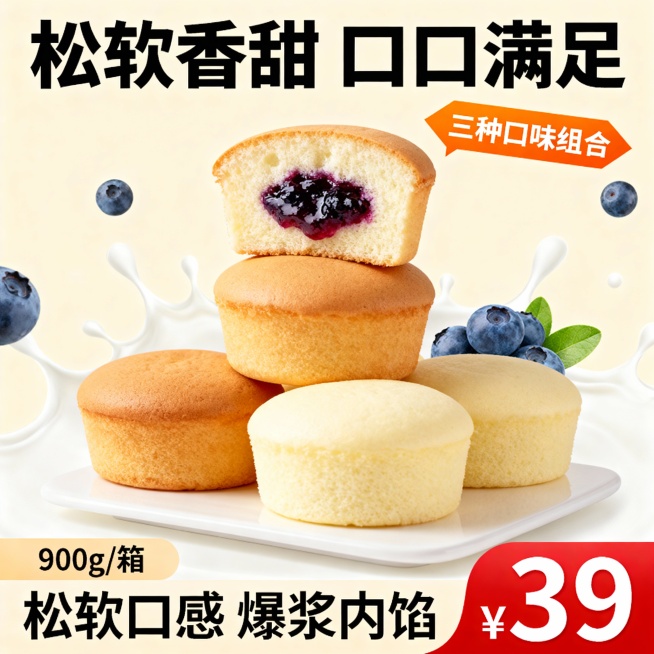 蒸蛋糕电商主图，展示三种口味：奶香味、蓝莓味、鸡蛋原味。中央放置蒸蛋糕堆叠，切开的蓝莓味蛋糕露出果酱内馅，旁边摆放完整的奶香和鸡蛋原味蛋糕。顶部大字标题“松软香甜 口口满足”，右侧橙色异形标签“三种口预览效果