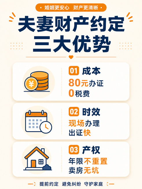 夫妻财产约定三大优势配图，竖版3:4，暖橙+浅米白+深蓝配色，背景浅色，短句大字适合手机阅读。
卡片分三栏，每栏配对应小图标：
💰成本栏：钱币图标→80 元办证，0 税费；
⏱时效栏：日历图标→现场预览效果