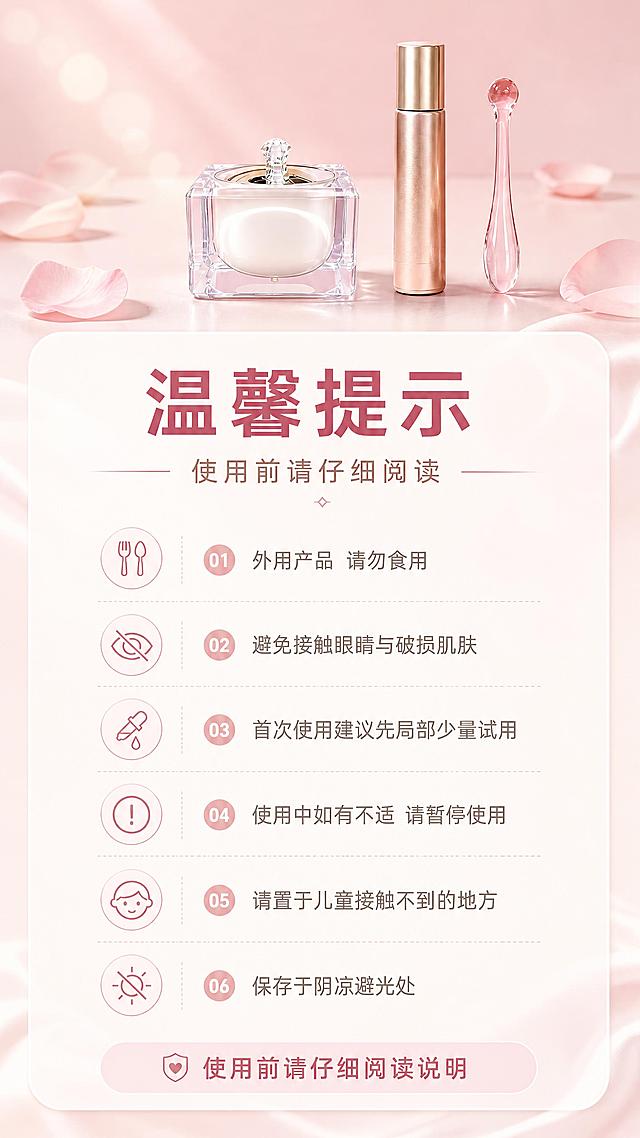 [商品] 使用【图2】套盒中的焕肤霜罐与美肤液管、【图3】水晶罐作为底部素材，保留产品结构与包装本体文字，不沿用输入图中的宣传文字与版式。
[画面] 目标：温馨提示与注意事项页；9:16竖构图，上部三分之一为产品小面积陈列（焕肤霜罐+美肤液管）于浅粉台面，周围花瓣与柔和光斑；中下部为一大张奶白圆角信息卡，卡内分条列出注意事项，每条左侧一个小图标，右侧文字；底部一条浅玫粉提示条；信息层级清晰，字号保证手机端可读，不出现人物与部位特写。
[视觉] 套系策略：风格=淘宝天猫粉调柔光说明型商业摄影；标题字=现代无衬线粗体；正文字=简洁无衬线体；主色=柔雾浅粉；背景延展=浅粉到奶白渐变、花瓣与柔光光斑、轻微丝绸质感；强调色=玫瑰金，仅用于小面积图标、引线和标签；标题色=深玫红；正文色=暖灰粉；组件=奶白半透明圆角卡片、圆形序号、细线图标；光影=左前侧柔光箱光。
[文字] 主标题"温馨提示"最大号加粗；副标题"使用前请仔细阅读"；分条文案："外用产品 请勿食用""避免接触眼睛与破损肌肤""首次使用建议先局部少量试用""使用中如有不适 请暂停使用""请置于儿童接触不到的地方""保存于阴凉避光处"；底部提示条"使用前请仔细阅读说明"；所有文字仅横向排版，不遮挡产品。
[规格] 9:16竖版，4K；严禁出现黑色素、粉嫩、少女、脱屑、代谢、部位名称（乳晕/乳头/私密/唇嘴）、功效承诺与见效天数等字样；避免产品变形、错字乱码、水印、平台Logo、竖排文字、字号过小。