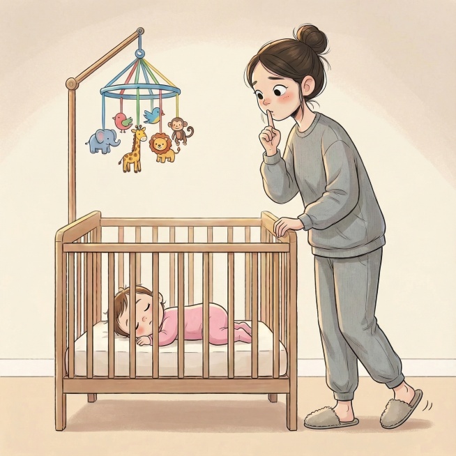 保持人物一致性，以及画风，画出妈妈偷偷离开婴儿床预览效果