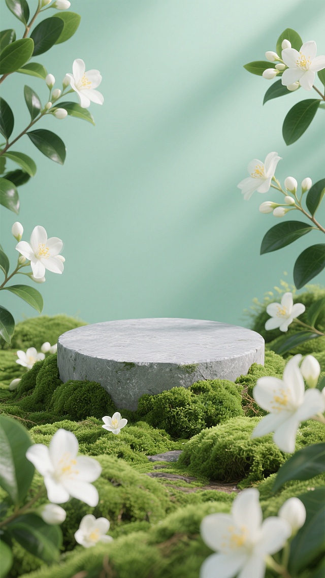 3D渲染风格，夏日清新氛围，画面中央是一个圆形灰色石质展台，展台周围覆盖着茂密的鲜绿色苔藓，石台上空及四周点缀着盛开的白色茉莉花，花瓣洁白，花蕊呈淡黄色，搭配深绿色的茉莉枝叶，部分枝叶从画面边缘自然延伸进来，背景为淡薄荷绿色，整体色调明快清爽，光线柔和均匀，营造出宁静自然的夏日茉莉主题场景，构图简洁，主体突出，视觉层次分明。