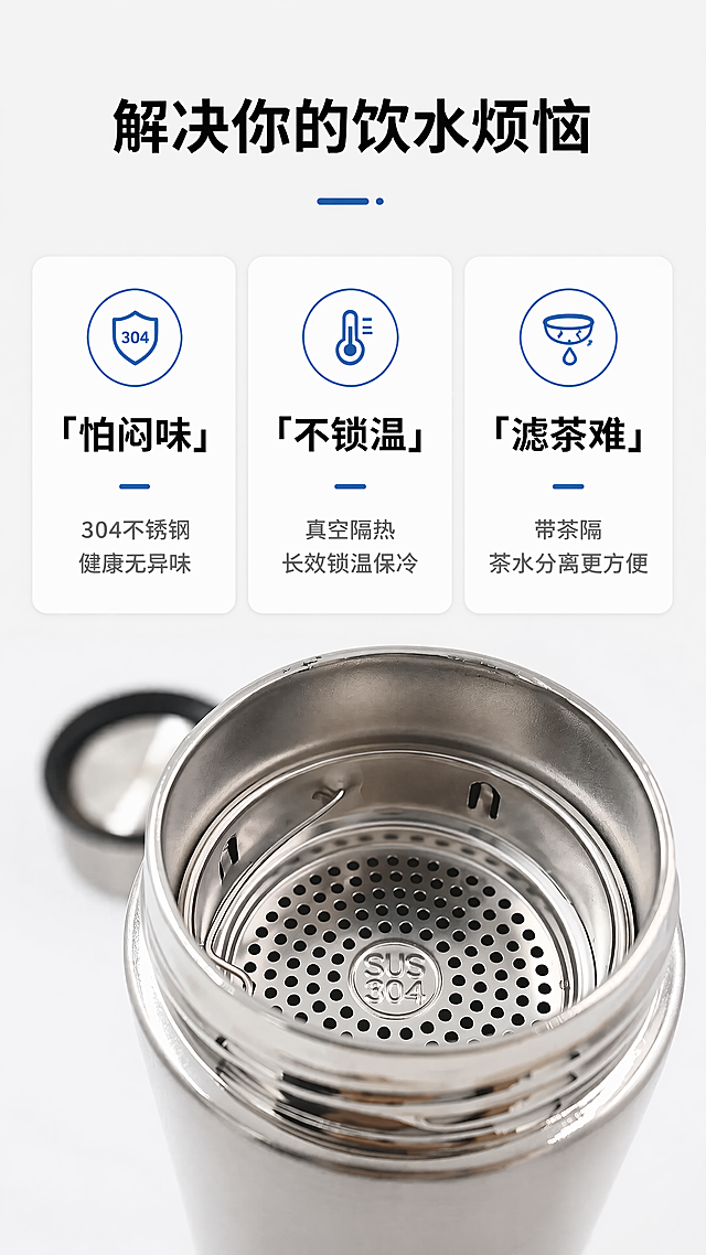 [第2屏] 西武保温杯核心卖点展示，解决日常饮水痛点。本屏使用【图1】展示核心材质特性。
[氛围/风格] 清晰干练痛点说明风，图文结合，信息层级分明，商业简约质感。
[元素布局] 顶部大标题，下方分为三个网格卡片，每个卡片对应一个痛点和解决卖点，卡片圆角设计，底部放置放大的【图1】茶隔细节作为产品背书，产品结构和材质保持与原图一致，每个卡片占比均匀，不挤压文字。
[光影质感] 整体均匀打光，卡片阴影柔和，文字清晰，突出信息可读性。
[配色色系] 全局底色 #f5f5f5；卡片白色底色，黑色主文字，浅灰色辅助文字，蓝色卖点图标。
[视角构图] 从上到下排版，信息分段清晰，阅读流畅。
[文字版式] 主标题 "解决你的饮水烦恼"，三个卡片分别对应：1. 「怕闷味」→ 304不锈钢 健康无异味；2. 「不锁温」→ 真空隔热 长效锁温保冷；3. 「滤茶难」→ 带茶隔 茶水分离更方便。每个卡片配对应小图标，文字清晰，不遮挡产品细节。
[比例分辨率] 9:16，4K，文字清晰可辨。
[负向提示词] 变形，文字过小，文字错乱，颜色偏差，结构错误，背景杂乱，水印。