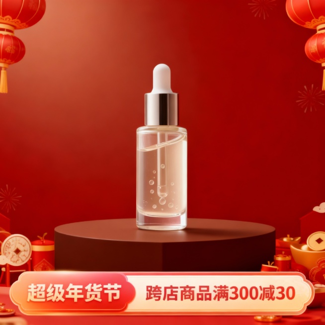 电商主图海报，底部装饰渐变优惠券样式文字框“左侧：超级年货节，右侧跨店商品满300减30”），主体放置在深棕色展台上（占画面比40%，轻微仰拍正面视角，周围新年元素装饰），整体色调红棕色渐变。预览效果