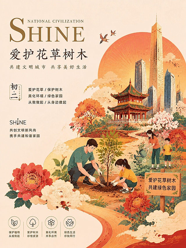 参考提供图片的国潮插画风格，生成单张竖版3:4比例海报，主题为爱护花草树木，整体保持暖色调国潮风格，排版和装饰元素与参考图一致，保留SHINE品牌文字风格，添加爱护花草树木相关宣传文案和场景元素