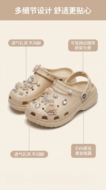 [第3屏] 鞋型结构解析，标注鞋面、鞋扣、鞋底核心部位特点。
[标题版式] 顶部通栏标题，浅棕色底块配白字，标注引线纤细不抢主体，留白充足。
[氛围/风格] 清晰直观解析风，简约干净，低饱和奶杏配色，预览效果