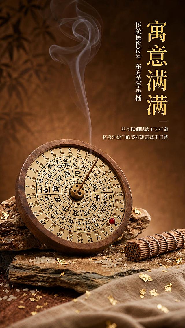 [第1张] 详情页头图-胡桃木锌合金二十四节气万年历香插主视觉海报。本张使用【图1】作为商品主体，产品外观、结构、文字顺序与原图完全一致，不做二创修改。
[氛围/风格] 新中式东方禅意风，暖棕金色调，高级商业摄影质感，烟雾缭绕营造静谧氛围，延用主图风格。
[元素布局] 香插置于画面中下偏左位置，占比约65%，盘面朝向观众微微倾斜；右上区域留作标题区；底部点缀岩石、金箔碎屑与线香束；背景为渐变暖棕色肌理墙面；产品物理结构、胡桃木外圈、锌合金盘面、刻度文字、红色圆珠、香插底座与输入图完全一致。
[光影质感] 右上方柔和主光，左下方辅光补亮暗部，烟雾有通透光感，金属盘面呈现温润金色反光，胡桃木纹理清晰，整体光影层次丰富。
[配色色系] 全局底色 #8B5A2B 暖棕渐变；主色金色 #D4AF37；辅助色深棕 #5C3A1E、米白 #F5E6C8。
[视角构图] 45°微俯视视角，浅景深背景虚化，阅读动线右上标题 → 中部产品 → 底部装饰。
[文字版式] 右上竖排标题区。主标题「寓意满满」，副标题「传统民俗符号 东方美学香插」，金色宋体字，主标题字号大，副标题稍小；下方两行卖点文案「器身以细腻烤工艺打造」「将喜乐盈门的美好寓意藏于日常」，米白色小字；文字不遮挡产品主体。
[比例分辨率] 9:16 竖版比例，2K分辨率，文字清晰可辨，高清画质。
[负向提示词] 产品变形，结构错误，文字错乱，缺件错件，颜色偏差，水印，文字过小，背景杂乱，产品图模糊。