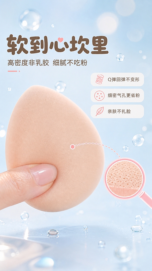 [商品] 使用【图2】粉扑裸色背面，保留水滴形轮廓、裸粉色亲肤材质、边缘厚度和细腻表面纹理，形状和材质完全保真。
[画面] 目标：质地微距特写，展示粉扑软弹细腻不吃粉。一颗粉扑斜放占画面主体约50%，手指轻压粉扑边缘表现回弹软度；旁边放大展示气孔细密结构示意；背景为纯净奶油浅蓝，散落水滴/气泡元素表现亲肤透气；前景粉扑主体，中景手指按压，后景柔焦光斑。
[视觉] 套系策略：风格=奶甜治愈系少女风商业摄影；标题字=圆润可爱粗圆体；正文字=简洁无衬线体；主色=奶油浅蓝+奶茶棕；背景延展=基于奶油浅蓝做纯净渐变、气泡/水滴元素点缀；强调色=奶杏粉，仅用于小面积图标、引线、标签装饰；标题色=深奶茶棕；正文色=暖灰棕；组件=圆角浅底信息卡、虚线引线、放大镜式细节标注；光影=侧柔光突出材质纹理，通透干净。
[文字] 左上主标题"软到心坎里"，副标题"高密度非乳胶 细腻不吃粉"；右侧3个短卖点："Q弹回弹不变形"、"细密气孔更省粉"、"亲肤不扎脸"；配放大镜图标指向粉扑表面气孔细节；文字横向排版。
[规格] 图片比例9:16竖版，4K，避免变形、错字、文字过小、冷灰背景、材质失真。