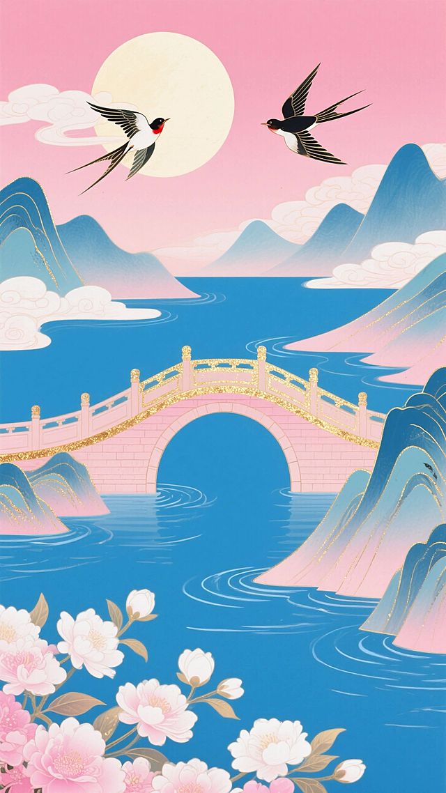 粉色天空，蓝色河流，自然渐变过渡。主体是一座桥。空中有两只喜鹊在飞，一轮巨大的圆月，轻盈的云朵，连绵的山峦。前景融入粉色和白色的花朵。