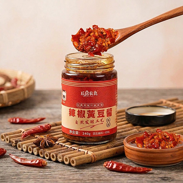 修改图1中木勺上的酱料，改为参考图2里酱料的样子，完全保留参考图酱料的形态、颜色、颗粒、质感，红油油润反光，保持瓶子、包装文字、场景背景全部不变