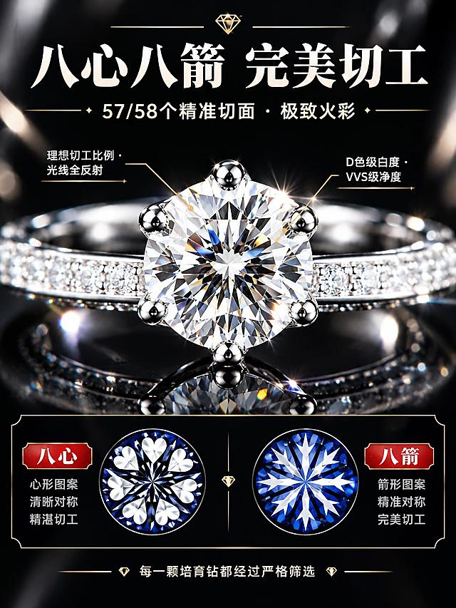 [商品] 使用【图7】3克拉培育钻女戒微距细节；保留六爪镶嵌结构、主石切面、金属抛光表面；极致增强钻石切面火彩与切工细节，清晰展示每一个切面反光，不改变结构。
[画面] 目标：钻石切工工艺页，微距展示八心八箭完美切工。构图：上半部分主石超微距特写，展示钻石台面切面与火彩；下半部分左右分两格，左格「八心」图案示意，右格「八箭」图案示意；背景深黑，突出钻石火彩。主体占画面60%，景别为微距特写。
[视觉] 套系策略：风格=拼多多高性价比轻奢珠宝风；标题字=粗黑醒目字体+衬线点缀；正文字=清晰黑体；主色=深邃炭黑+银白；背景延展=深黑渐变+镜面反光+几何光柱道具；强调色=香槟金+中国红，香槟金用于装饰线，红色用于价格/利益标签；标题色=珍珠白；正文色=浅银灰；组件=红底白字标签、金线信息卡、钻石形图标；光影=多光源聚光，突出钻石每一个切面的火彩折射。
[文字] 顶部主标题「八心八箭 完美切工」，副标题「57/58个精准切面 · 极致火彩」；微距区域配引线文字：「理想切工比例 · 光线全反射」「D色级白度 · VVS级净度」；底部小字「每一颗培育钻都经过严格筛选」；文字横向排版，清晰可读。
[规格] 图片比例3:4竖版，2K分辨率，负向提示：避免变形、错字、文字过小、钻石浑浊、切面模糊、莫桑钻字样、18K金字样、礼盒包装、极限词、竖排文字。