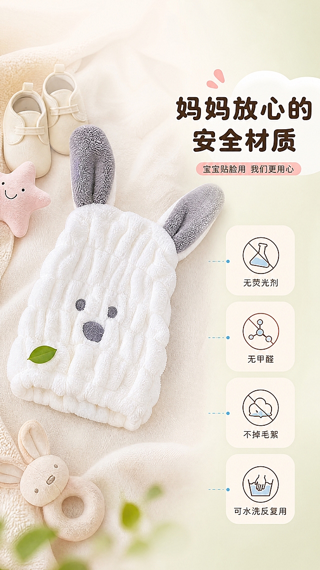 [商品] 使用【图1】中白色灰兔耳款干发帽；保留白色珊瑚绒竖纹肌理、灰色立体兔耳、灰熊脸刺绣、松紧收口；面料自然蓬松，增强干净柔软质感，不改变版型。
[画面] 目标：材质安全，妈妈放心选择。构图：左图右文，左侧55%展示白色干发帽平铺在柔和的米白色织物上，旁边摆放小婴儿鞋、安抚玩偶等母婴温馨道具，干发帽上放一片绿叶象征天然安全；右侧45%留白放文案和图标。背景为米白+淡绿柔焦渐变。
[视觉] 套系策略：风格=软萌温馨治愈风商业摄影；标题字=圆润粗黑体圆角无衬线；正文字=简洁圆角无衬线体；主色=奶白色+马卡龙粉；背景延展=基于奶白、马卡龙黄、淡粉做深浅层级、同色渐变和细腻毛绒/纸张质感；强调色=淡天蓝，仅用于小面积图标、引线和标签；标题色=深暖棕；正文色=中暖灰；组件=圆角浅底信息卡、圆点引线、云朵气泡；光影=左前侧暖柔光，柔和漫反射，阴影轻淡。
[文字] 右侧主标题"妈妈放心的安全材质"，副标题"宝宝贴脸用 我们更用心"，下方4个圆角图标卖点："无荧光剂""无甲醛""不掉毛絮""可水洗反复用"，文字横排，不遮挡干发帽主体。
[规格] 图片比例9:16竖版，4K，负向提示：避免变形、错字、文字过小、医疗化表达、夸张承诺、干发帽颜色变黄、冷色调。