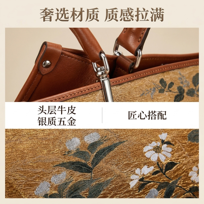 电商主图设计，1:1比例，高清8K分辨率，商业级特写摄影风格，严格还原上传产品图，突出真皮包边、金属五金与织锦面料的材质对比。整体风格为东方新中式轻奢杂志风，中文文字使用精致衬线字体，分上下区域展示，预览效果