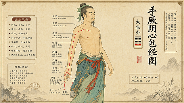 古法中医经络图，中国古风工笔画风格，手厥阴心包经图，包含穴位标注、主治概要、经络循行、时辰对应脏腑信息，版式和参考图一致，复古米黄色宣纸背景，搭配中式山水装饰，文字排版整齐清晰