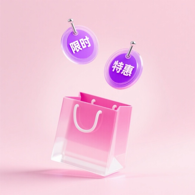 淡粉色背景下，下方是一个打开粉色的完整的购物袋，上方主体是两张悬浮的透明徽章，文字分别是“限时”“特惠”，银色金属针；前景徽章为粉白渐变，背景徽章为紫色。预览效果