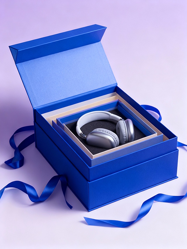 现代感与科技感交融的3D风设计，金属质感耳机置于蓝调礼盒中，重拟物风格凸显商务精致，搭配丝带营造节日氛围。