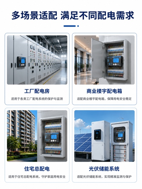 [第7屏] 人群适配-多场景适用边界说明，展示本产品适用的不同配电场景。[氛围/风格] 卡片网格排版，清爽专业，场景明确。[元素布局] 顶部标题，下方四格卡片网格排列，每个卡片展示一个使用场景，配场景预览效果