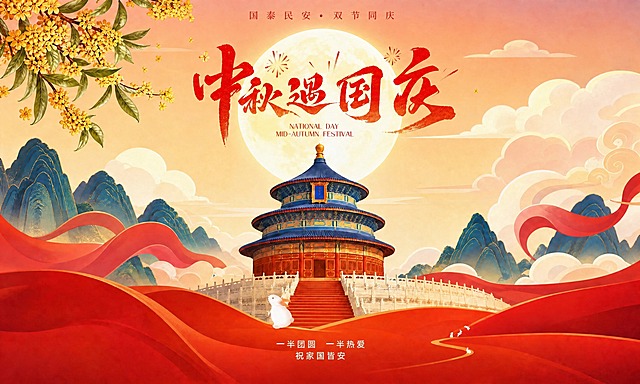 去掉图片最底部的一行文字"月满山河 家国同庆 愿所有美好如约而至"，保留上方所有画面元素和文字不变，底部红色飘带区域自然衔接修复，保持整体风格一致