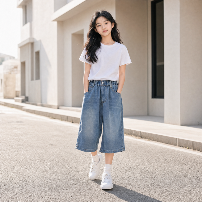 [主图] 女童浅蓝做旧牛仔七分阔腿裤正面行走穿搭展示，保持模特五官、身高、发型和第一张生成的主图完全一致，10岁亚洲女孩，浅蓝做旧牛仔七分阔腿裤搭配同款基础白短袖和小白鞋，自然行走姿势，随性松弛，日系预览效果
