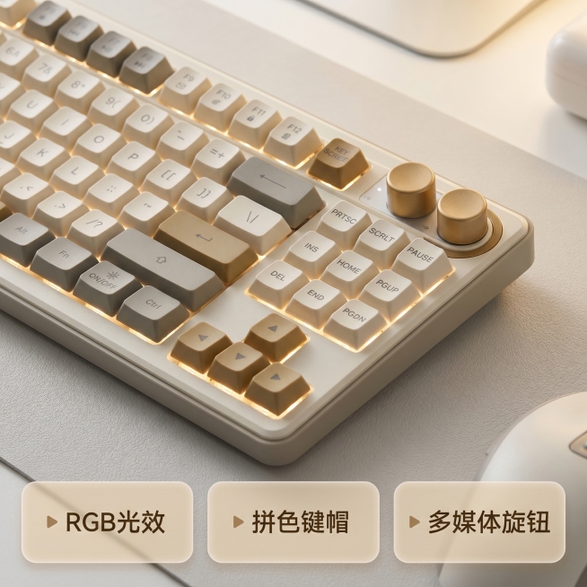 [主图 2] K88键盘核心卖点细节展示主图
[氛围风格] 温馨舒适办公治愈风，干净通透质感
[画质] 商业摄影质感、光线柔和通透、产品清晰真实、画面干净高级
[元素] K88拼色背光旋钮键盘的特写展预览效果
