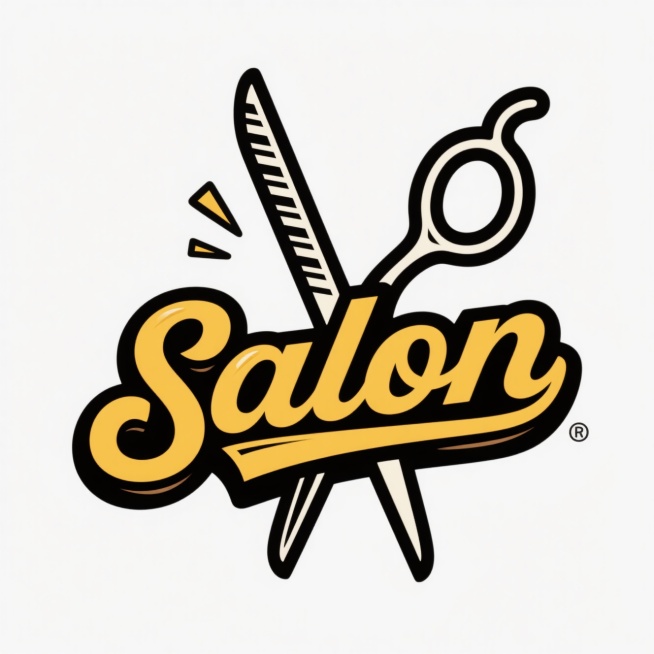 美式LOGO设计 ，有一把理发剪刀，名字“salon" 白色背景预览效果
