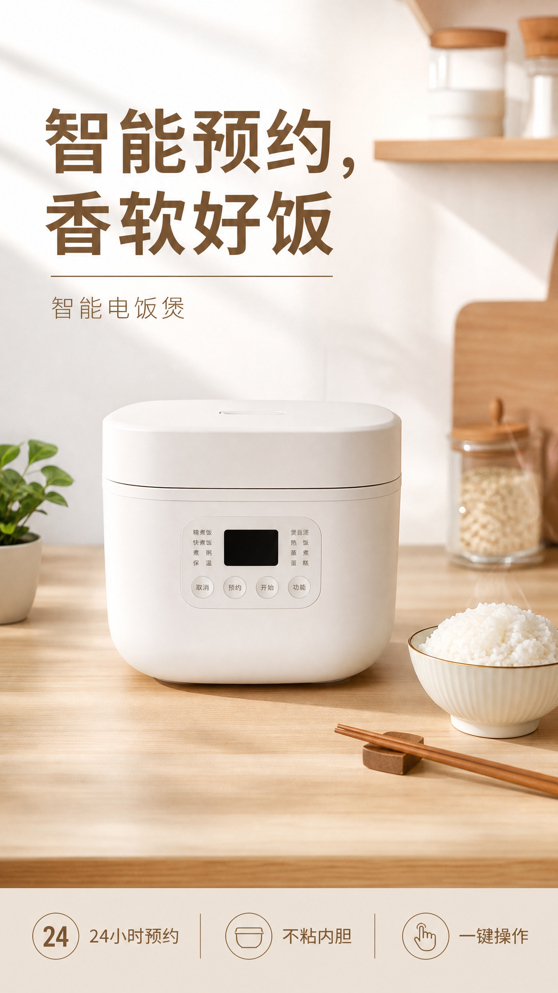 现代简约风格电饭煲电商海报，竖版9:16。画面主体是一台白色智… - 图片创意预览