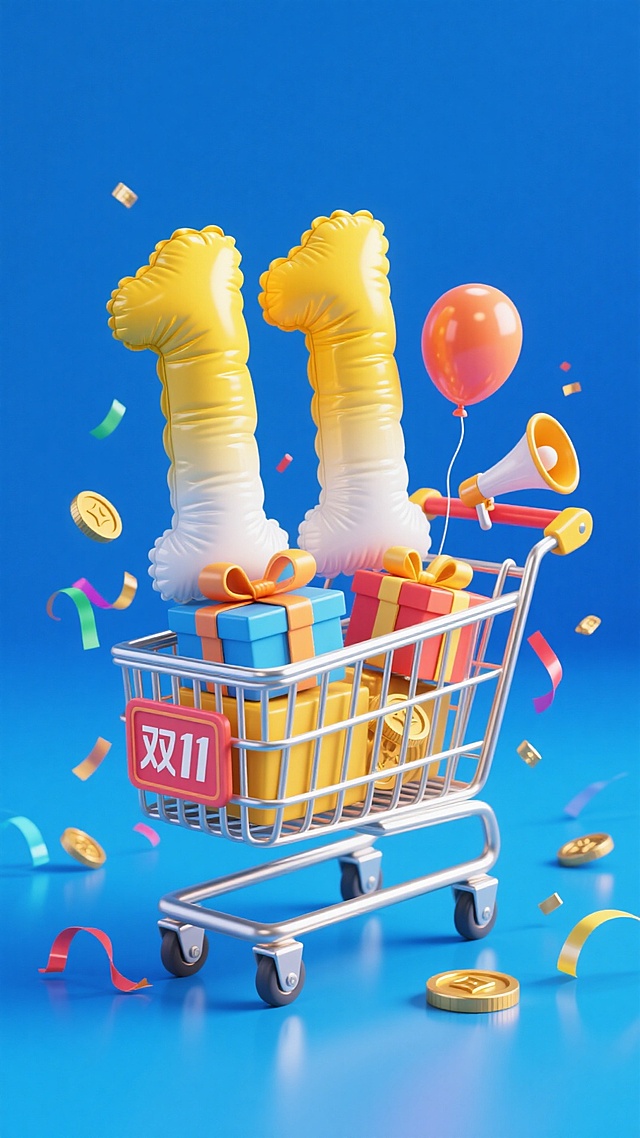 软3D风格购物车满载礼物与充气“11”气球，搭配波普色彩与飘带金币，营造喜庆卡通感，传递双11促销狂欢氛围。