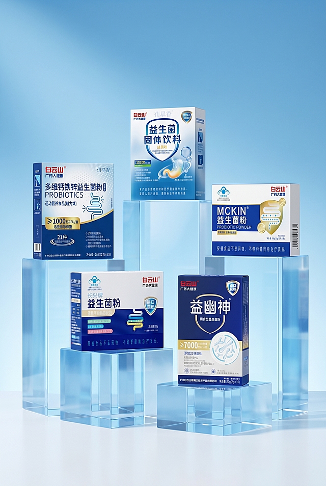电商商业产品摄影，5款益生菌产品错落摆放在高低不同的冰蓝色透明亚克力几何展台上，背景改为干净的渐变天蓝色，顶部颜色略深、向下逐渐过渡到浅白，整体有轻微的发光效果和通透感，画面干净明亮，柔和均匀的柔光打亮产品，突出包装质感，无杂物无水印，8K高清，专业商业摄影级画质，浅景深，背景干净不抢主体，整体风格清爽高级，营造健康、纯净、科技感的品牌氛围