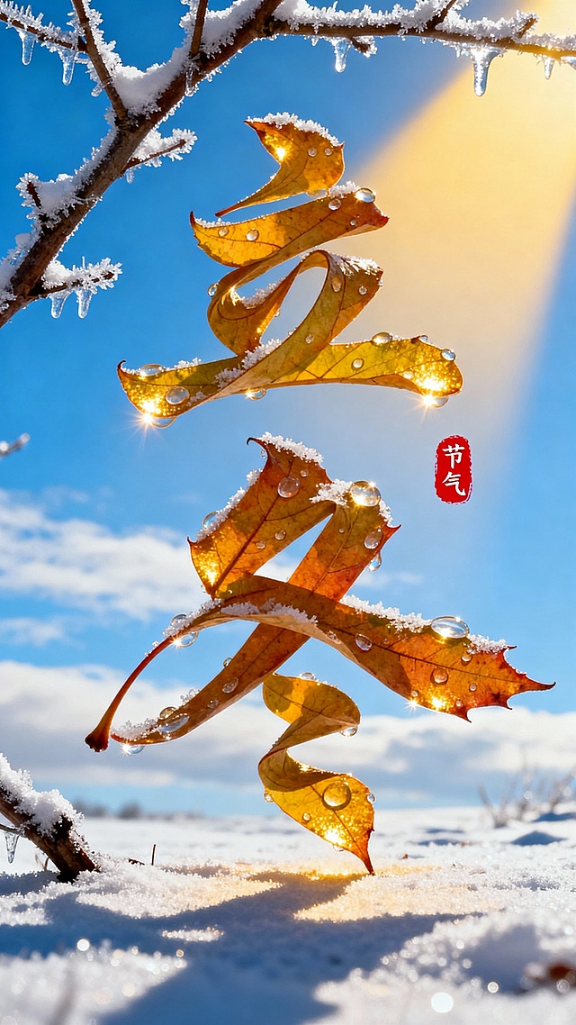 枫叶叶片拉长扭曲变形成”立冬” 二字，叶片上有晶莹的露珠点缀。背景是一片晴朗的蓝天，画面中穿插着带有冰霜和薄雪的树枝，营造出冬日温暖的氛围。“立冬” 文字位于图像的中上部，红色小印章”节气“点缀，整体画面色彩明亮，富有创意，突出立冬节气的主题