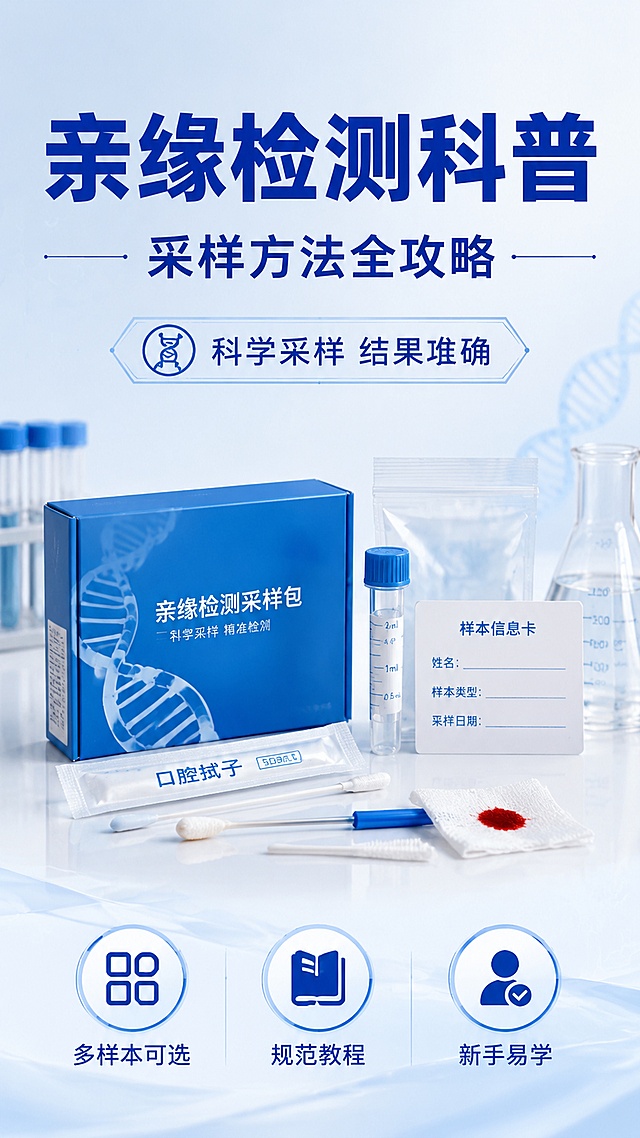 专业科普风格的蓝沙亲缘知识科普海报，整体风格专业清晰，采用写实简约设计，配色清爽专业。主视觉居中放置，顶部大标题写着"亲缘检测科普"，副标题写着"采样方法全攻略"，卖点标签分布在画面下方，分别写着"多样本可选" "规范教程" "新手易学"，装饰文案标注"科学采样 结果准确"。画面简洁大方，层级分明，留白恰当，版式精美，9:16竖版，文字清晰可读，所有文案准确呈现。