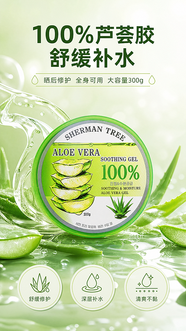 [商品] 使用【图1】SHERMAN TREE芦荟舒缓保湿凝胶圆形绿罐包装；保留罐体圆形结构、绿色边缘、白色标签、SHERMAN TREE英文字样、ALOE VERA SOOTHING GEL 100%字样、芦荟切片图案、300g容量标识、韩文说明文字；真实还原产品外观比例与颜色，不改变包装文字和图案。
[画面] 目标：头图海报，建立水润舒缓第一印象。构图：产品居中偏下，占画面约45%，微微仰视角度；上方大片留白放主标题和副标题；前景散落新鲜芦荟叶片和晶莹水珠，中景产品主体，后景淡绿色渐变水光背景；左侧有半透明芦荟凝胶质地流动效果环绕产品；底部3个圆形利益icon横向排列。阅读动线：从上至下，标题→产品→卖点icon。
[视觉] 套系策略：风格=清新水润美妆商业摄影风；标题字=现代无衬线粗体；正文字=简洁无衬线体；主色=芦荟鲜绿色；背景延展=基于芦荟绿做深浅渐变、水光通透感、同色系层次；强调色=嫩黄绿色，仅用于小面积图标、引线和标签；标题色=深森林绿；正文色=中绿色；组件=圆角浅绿信息卡、细线水滴形引线；光影=左前侧柔光，产品表面有水光高光和通透感。
[文字] 上方主标题"100%芦荟胶 舒缓补水"，副标题"晒后修护 全身可用 大容量300g"；底部3个圆形icon分别标注"舒缓修护""深层补水""清爽不黏"；文字全部横向排版，不遮挡产品主体和品牌Logo。
[规格] 图片比例9:16竖版，4K，负向提示：避免变形、错字、文字过小、产品包装文字错乱、颜色改变、医疗功效表述、绝对化用语。