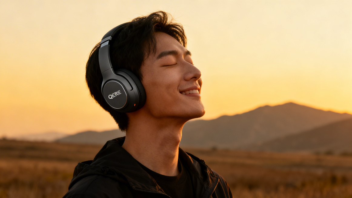 中景，用户闭眼微笑，沉浸在QERE耳机的音效中，暖黄色黄昏光线，背景是旷野远山预览效果