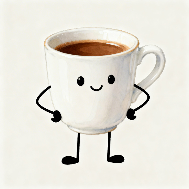 Q萌风格的咖啡杯拟人形象，白色瓷质咖啡杯，带有一个杯柄，杯内盛着棕色咖啡，杯身正面有可爱的黑色豆豆眼，带着开心的笑容，杯身两侧伸出细细的黑线作为手和脚，双手叉腰，双脚呈跨立姿态，整体画风可爱治愈，色彩预览效果