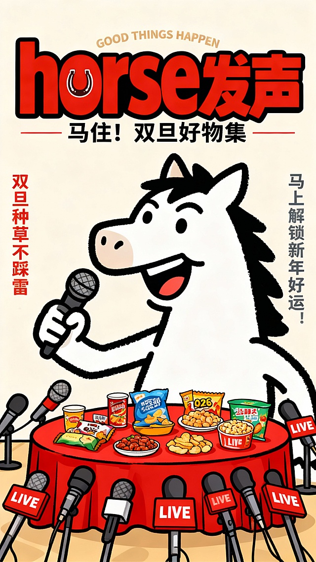 卡通感十足的拟人马手持麦克风，环绕直播设备与年货零食，插画风结合波普艺术色彩，印刷风字体突出节日喜庆，趣味传达双旦好物集主题。