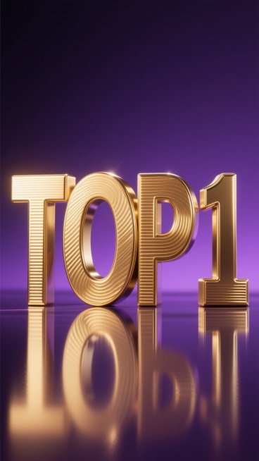具有高度光泽感的金色金属质感立体艺术字“TOP 1”，字体粗壮厚重，表面有精细的横向拉丝纹理，字母“O”为空心设计，整体呈现出强烈的浮雕效果和体积感，放置在光滑如镜的深紫色渐变背景上，底部有金属字的倒影，光线从左上方柔和照射，在字体右侧形成自然的阴影，整体色调为深紫与金色的对比，营造出高端、奢华且具有科技感的氛围。预览效果