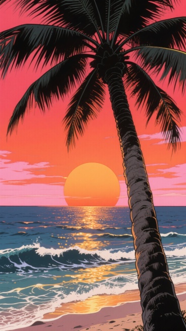 海边夕阳落日，大透视pov，椰子树，海浪波光粼粼预览效果