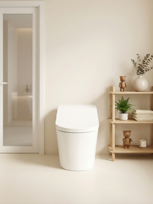 按照马桶的正面视角生成，左边区域是白色门框玻璃门，右边区域是一个浅木色的双层置物架，架上摆放着装饰物，智能马桶为画面的正中间位置，整体简约小清新，奶白色场景预览效果