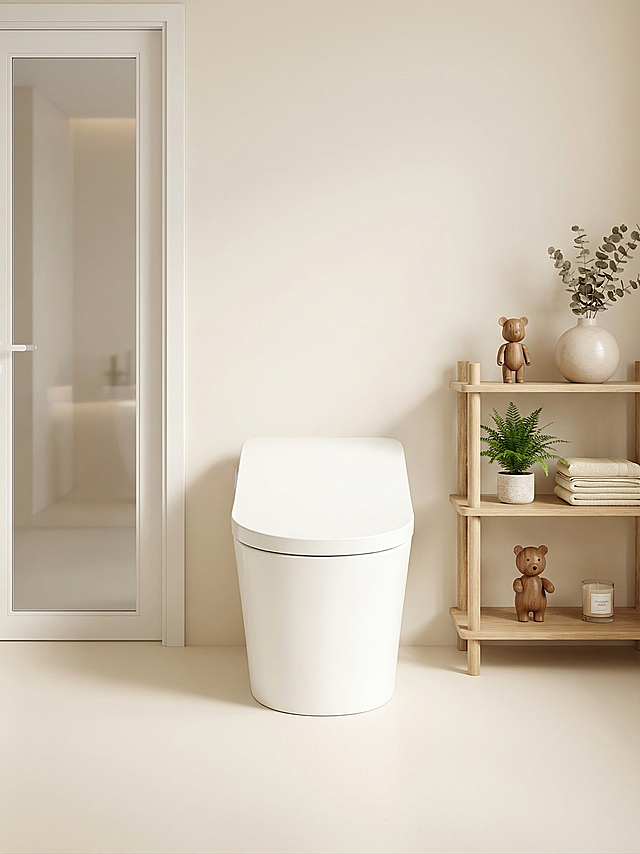 按照马桶的正面视角生成，左边区域是白色门框玻璃门，右边区域是一个浅木色的双层置物架，架上摆放着装饰物，智能马桶为画面的正中间位置，整体简约小清新，奶白色场景