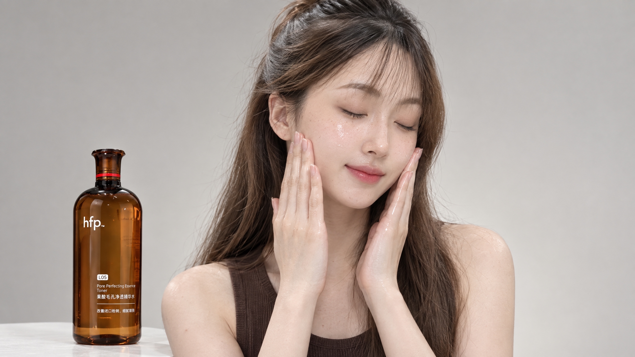 专业美妆产品棚拍，年轻东亚女性模特，面容与参考图中女孩完全一致… - 图片创意预览