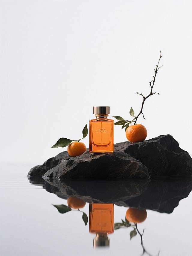 特写橙色香水瓶，置于深色山石上，搭配自然枝叶、橙子点缀，用光影突出瓶身质感，呈现水面倒影，白色背景