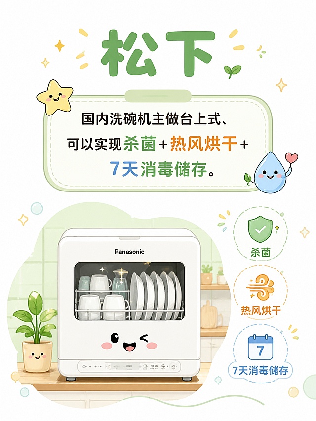 数字手绘卡通插画风格科普单页，背景为纯白色简洁干净，配色为柔和明亮马卡龙色系，主色调浅绿色，搭配天蓝色、米黄色、淡橙色、淡粉色，色彩和谐饱和度适中，线条柔和圆润，加入少量简洁带可爱表情的拟人化卡通元素和图标，品牌标题使用圆润清晰的无衬线字体，所有元素为卡通风格，整体活泼生动，留白充足。本页品牌：松下，文字内容：松下：国内洗碗机主做台上式、可以实现杀菌+热风烘干+7天消毒储存。