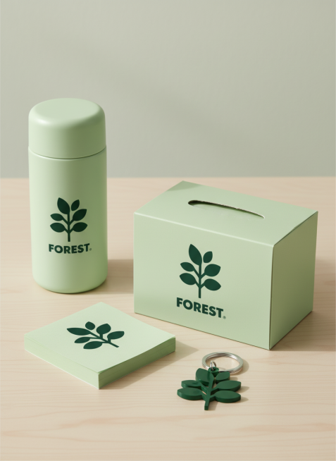 参考这个LOGO，做一套文创品牌视觉设计，品牌名称为“FOREST"，包括水杯，便签纸砖，钥匙扣，纸巾盒等。浅绿视觉主色调，现代、精致、亲切现代风格，浅绿底色背景预览效果