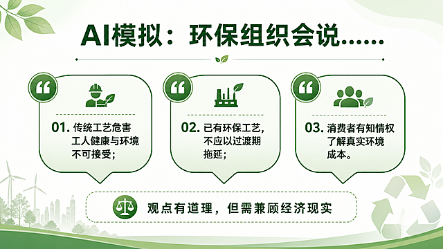 16:9比例PPT对话气泡页，大标题文字"AI模拟：环保组织会说……"，三个绿色气泡，分别列出三条观点：1.传统工艺危害工人健康与环境不可接受；2.已有环保工艺，不应以过渡期拖延；3.消费者有知情权了解真实环境成本。底部小字评价文字"观点有道理，但需兼顾经济现实"，绿色环保主题，学术排版。