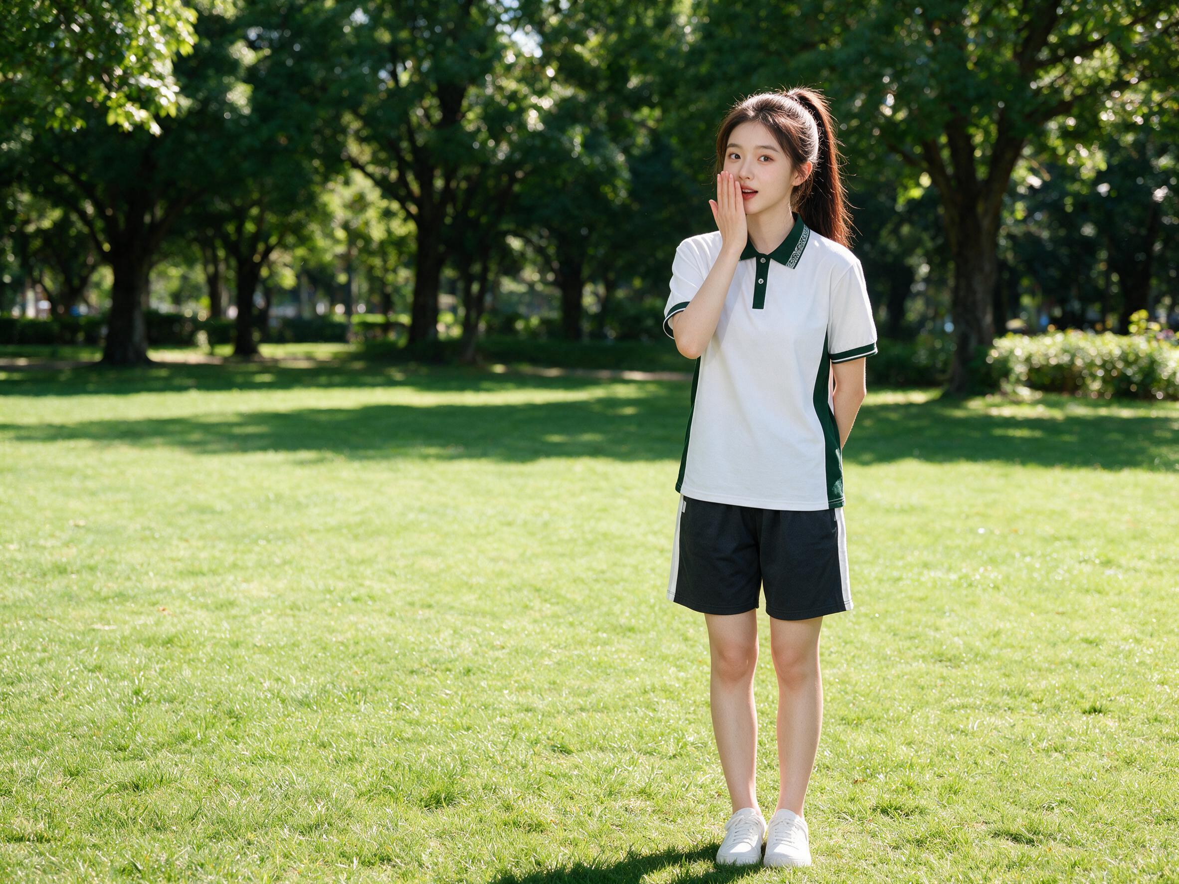 阳光明媚的公园大草坪上，一名女中学生全身照，身高约165cm。… - 图片创意预览
