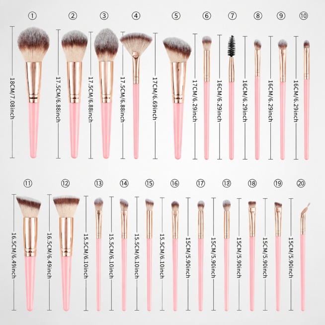 [Main image 2] Complete 20-piece pink makeup brush set complete size specification display. Keep the预览效果